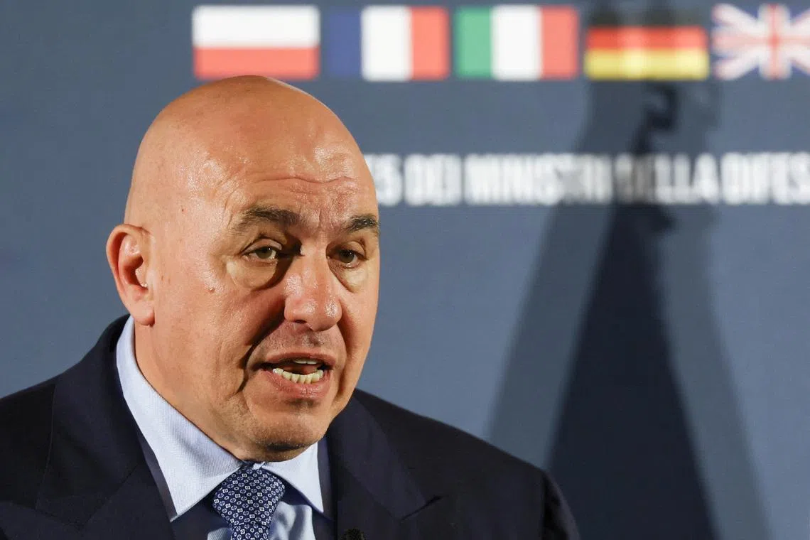 Italian Defence Minister Guido Crosetto speaks at the joint press conference on the day of the meeting of the European Group of Five Defence Ministers at the Italian Air Force Headquarters in Rome, Italy May 16, 2025. REUTERS/Eloisa Lopez