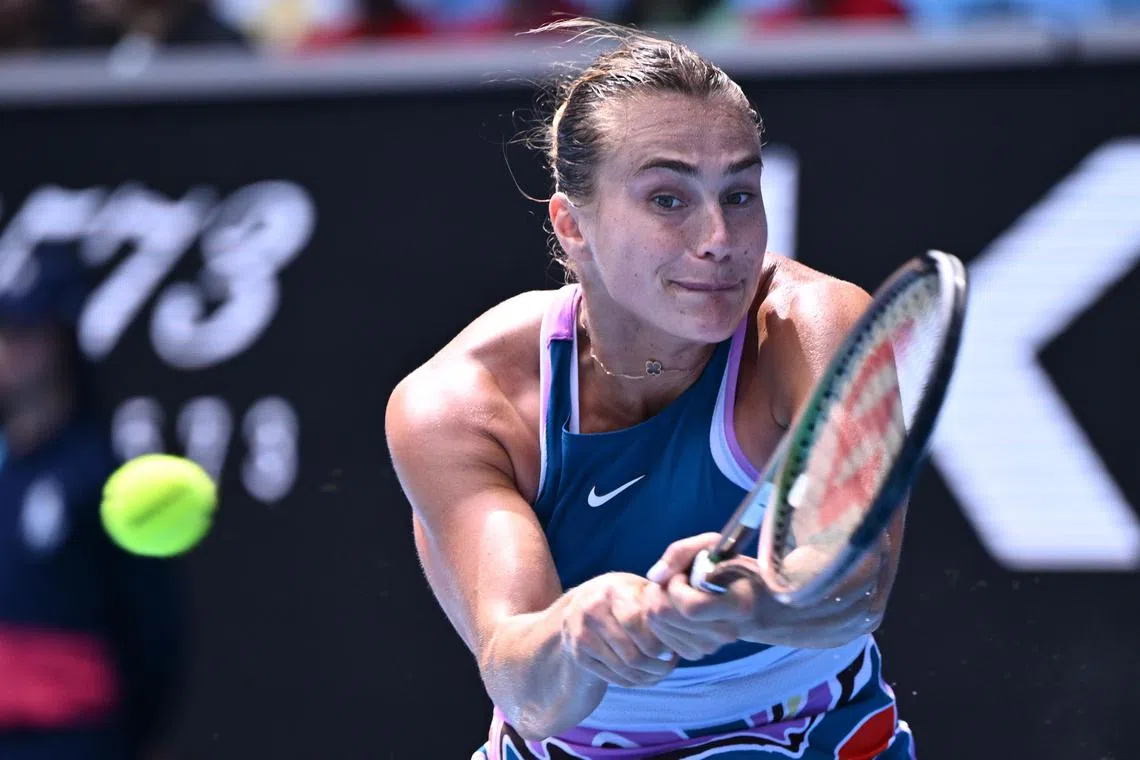 Aryna Sabalenka of Belarus in action during her Australian Open tennis tournament match against Elise Mertens of Belgium at Melbourne Park on Saturday. She won 6-2, 6-3.