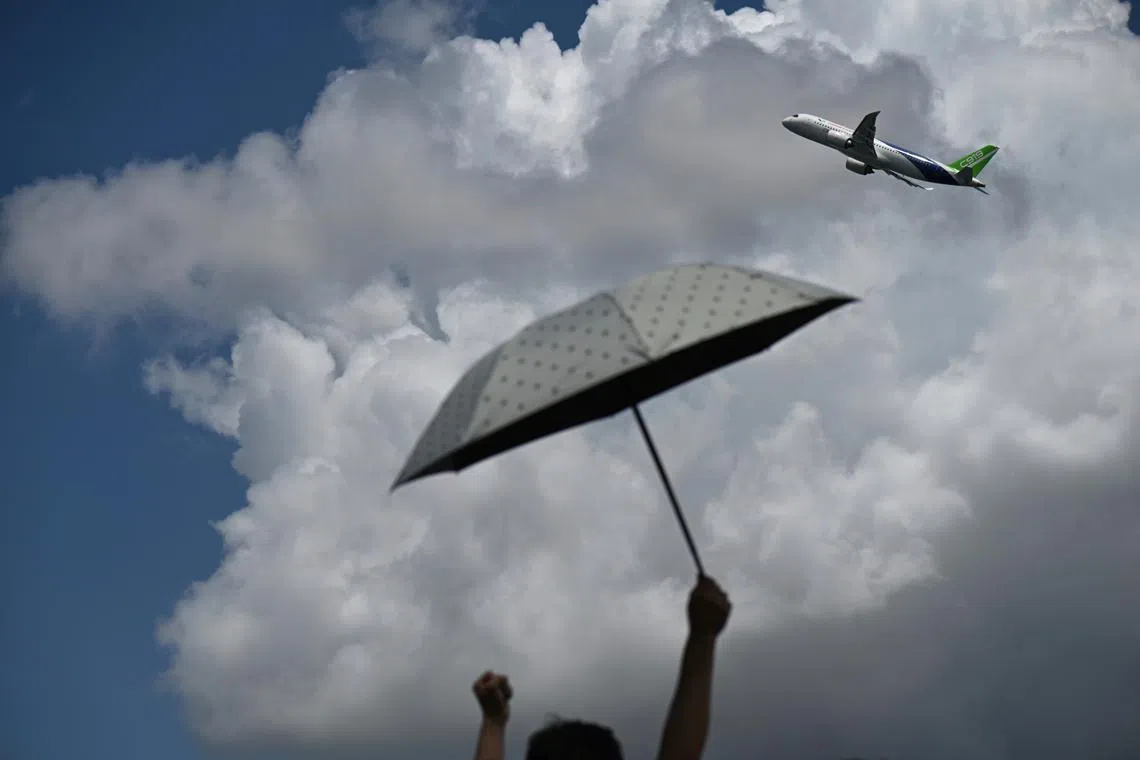 The narrow-body C919 manufactured by the Commercial Aircraft Corporation of China (Comac) performing during the flying display on Feb 20, 2024.