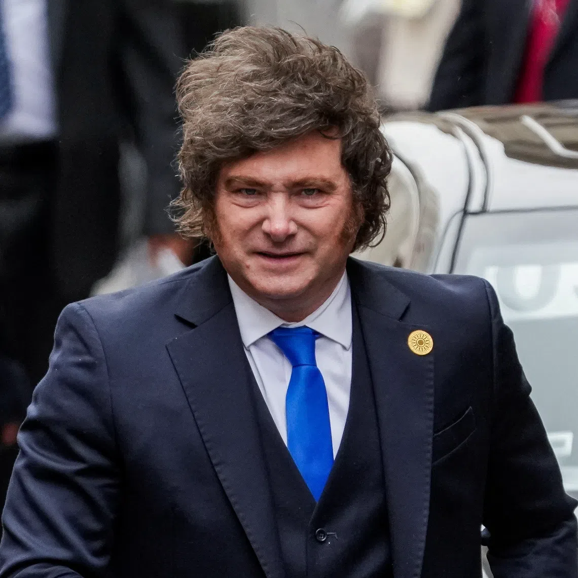 Argentina's President Javier Milei arrives at Torre Tagle Palace, on the day of Peru's President-elect Keiko Fujimori swearing-in ceremony, in Lima, Peru, July 28, 2026. REUTERS/Angela Ponce