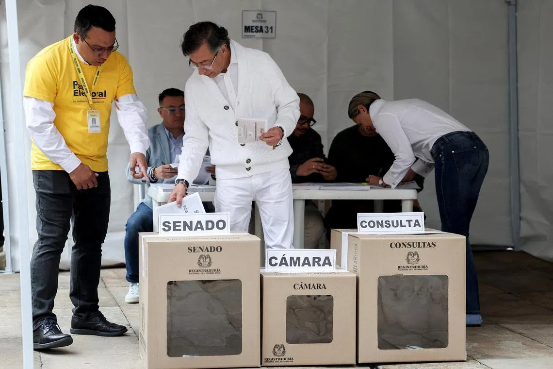 Colombian President Gustavo Petro casts his vote in congressional elections and party primaries for the presidential candidate, in Bogota, Colombia, March 8, 2026. REUTERS/Luisa Gonzalez