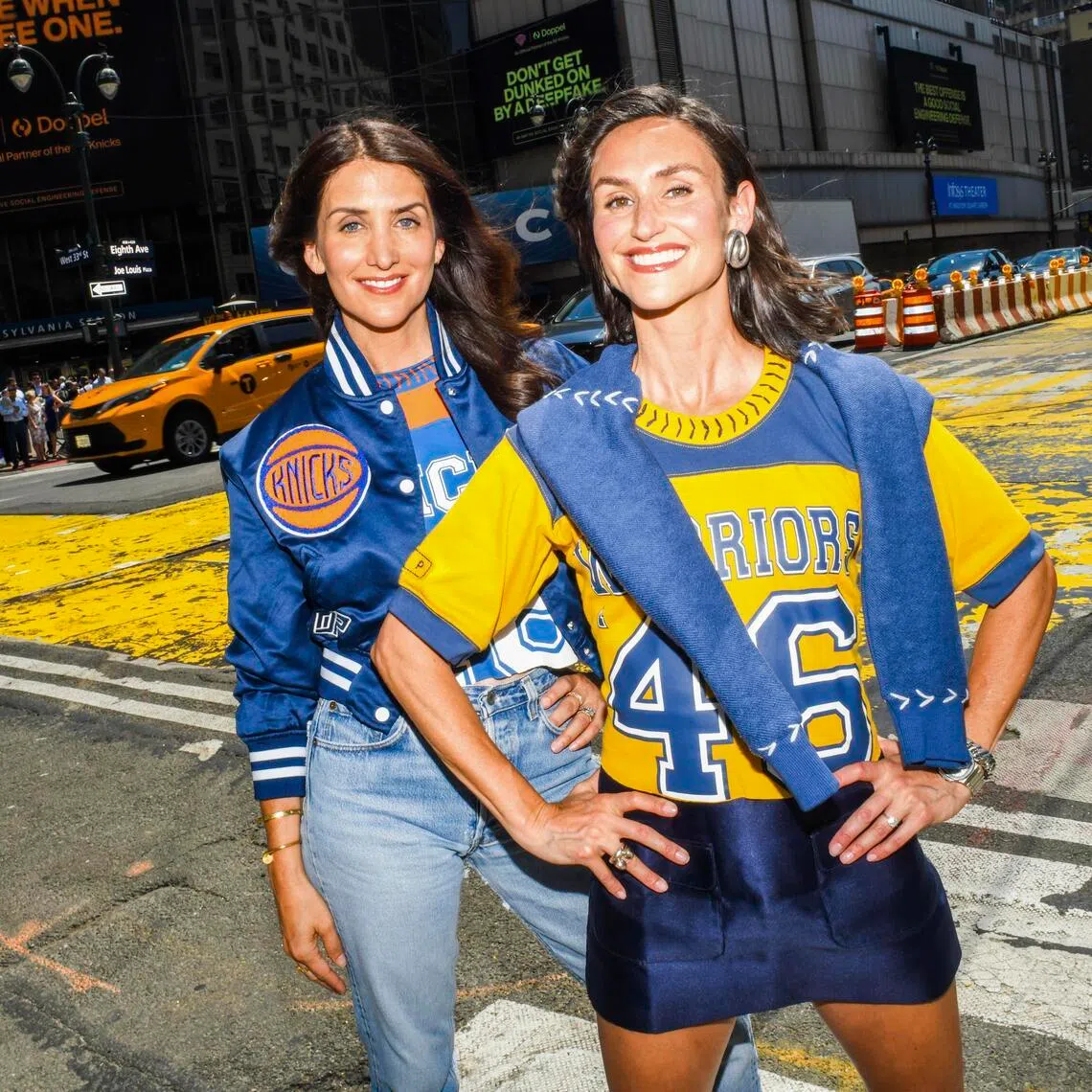 From left, sisters Jodie and Danielle Snyder, founders of DannijoPro, outside Madison Square Garden in New York, May 18, 2026. The Snyder sisters founded DannijoPro to cater to the growing number of women sports fans, many of whom don’t want standard logo tees and hoodies. 