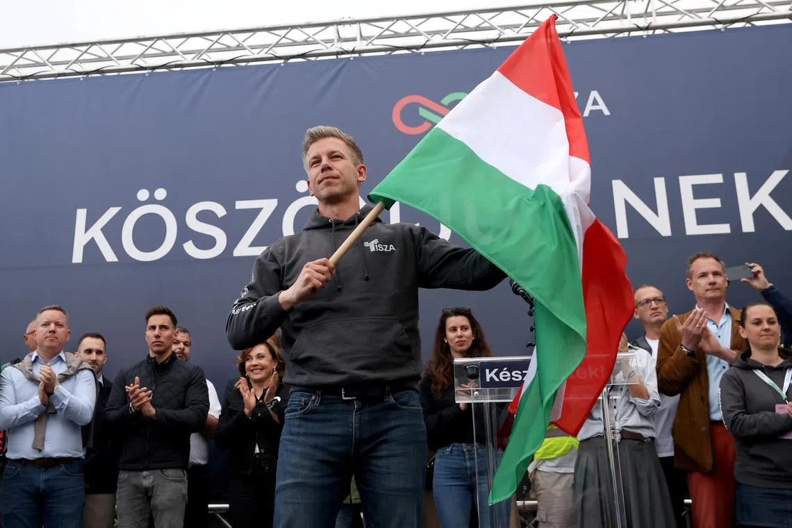 Peter Magyar, leader of the opposition TISZA Party, reacts after delivering his speech marking the culmination of party's nationwide campaign tour in Budapest, Hungary, April 13, 2025. REUTERS/Bernadett Szabo