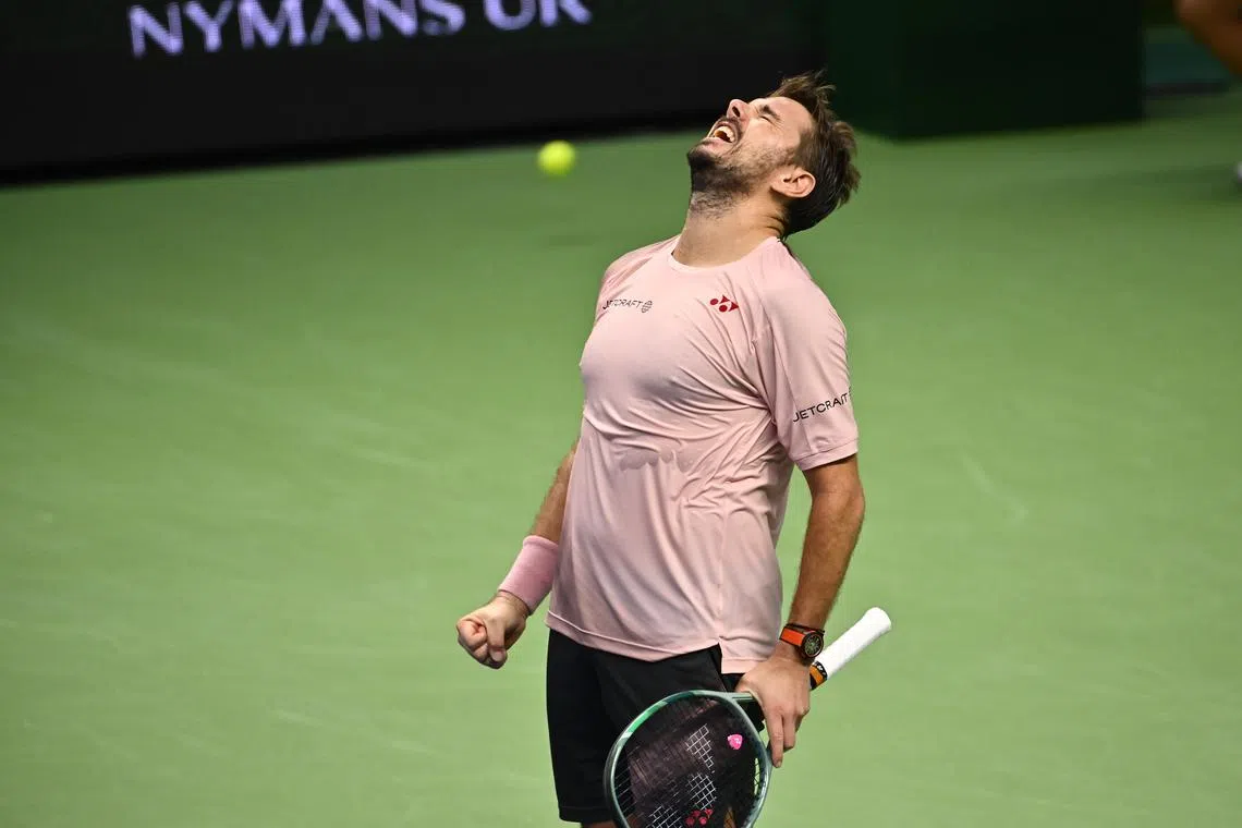 Stan Wawrinka of Switzerland celebrates winning the quarter-final match against Andrei Rublev of Russia, on Oct 18.