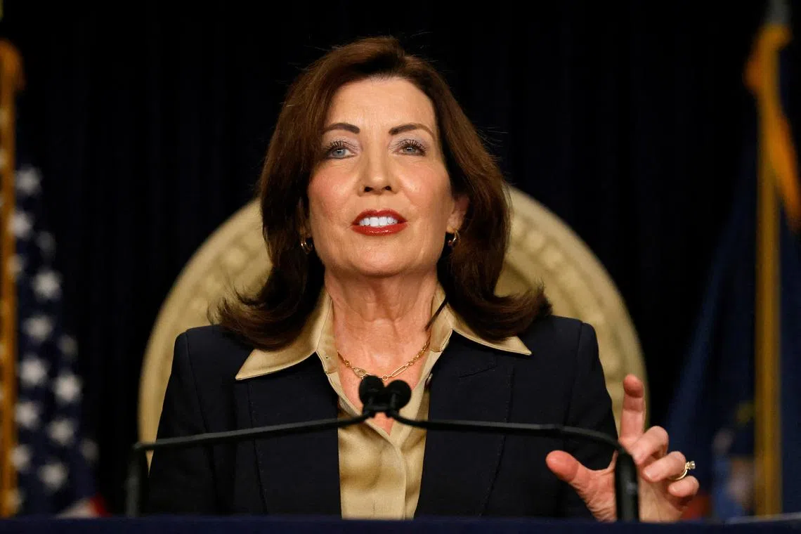 New York Governor Kathy Hochul speaks at a press conference in Manhattan in New York City, U.S., February 20, 2025. REUTERS/Brendan McDermid