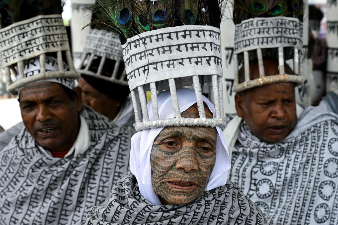 Madam Setbai Ramnami (middle) is part of the Ramnami movement - a group of devotees to the Hindu deity Ram who hail from the bottom rungs of India's caste hierarchy.