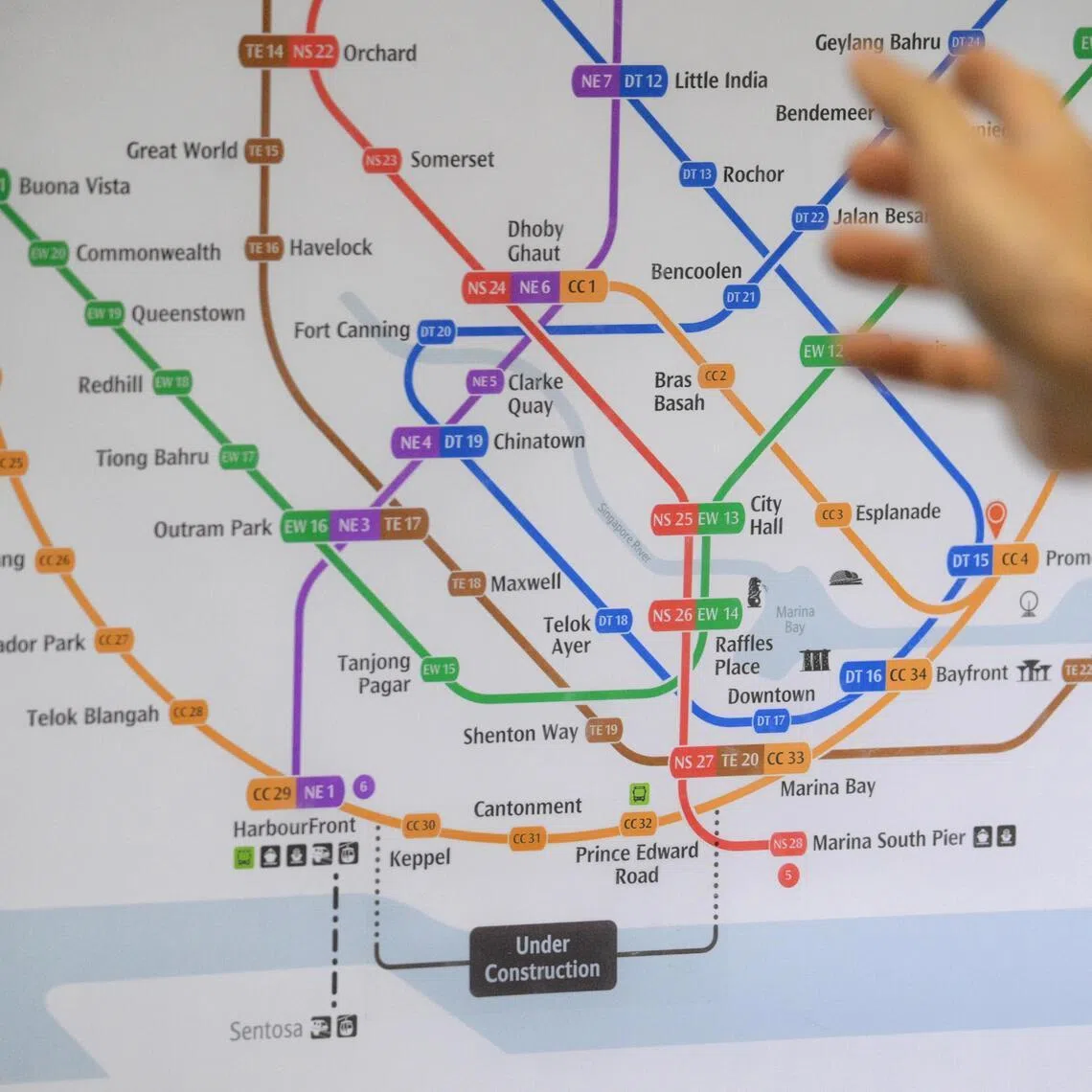 The full Circle Line (CCL) loop on display featuring updated station codes for Marina Bay and Bayfront as seen at Promenade MRT Station on May 29, 2026.