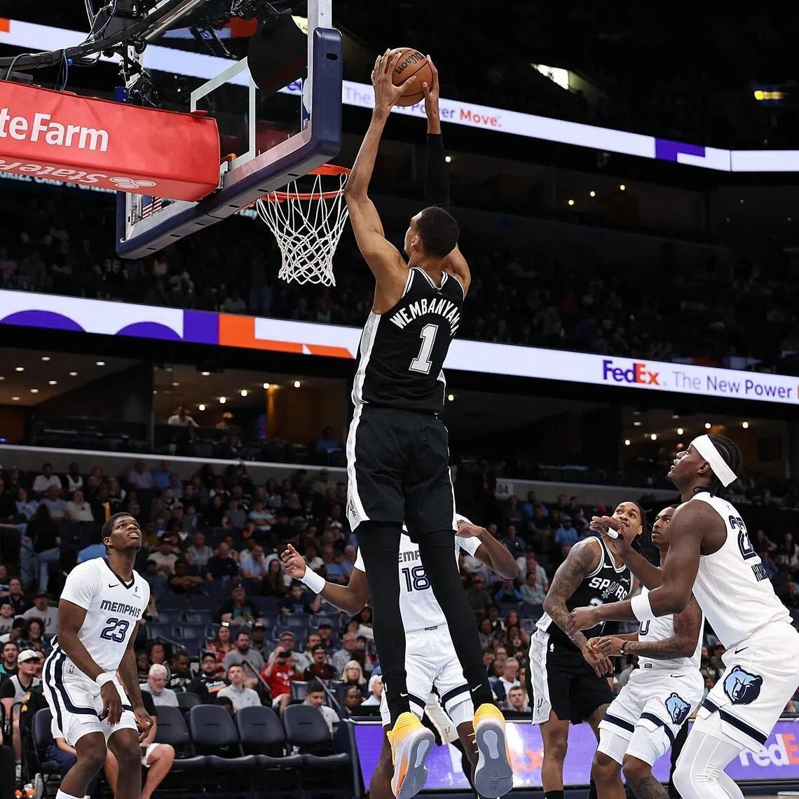 Victor Wembanyama of the San Antonio Spurs goes to the basket during the first half against the Memphis Grizzlies at FedExForum.