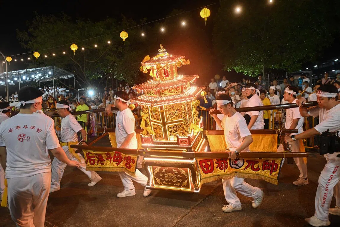 About 1,500 devotees observing the Nine Emperor Gods Festival Send-off ceremony near Pulau Punggol Timor on 23 Oct 2023. This is one of the major festivals celebrated by the Taoist community, as devotees seek blessings and good fortune from the Nine Emperor Gods. 