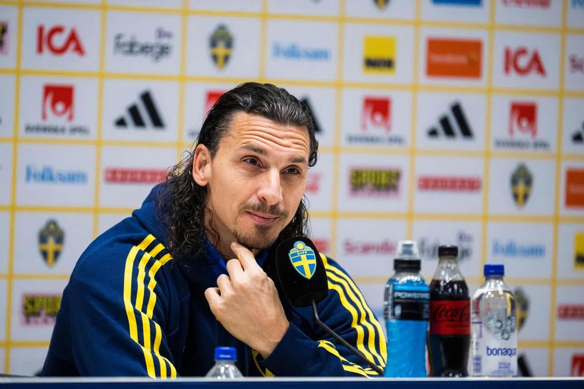 Veteran Sweden forward Zlatan Ibrahimovic at a press conference in Solna on March 21, 2023, ahead of the Euro 2024 qualifier against Belgium.