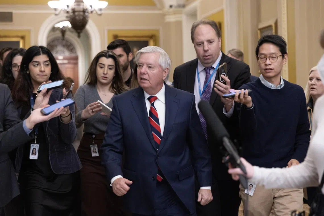 epa11135218 Republican Senator of South Carolina Lindsey Graham (C) is followed by members of the news media near the Senate chamber during a series of votes in which the Senate failed to advance a bipartisan immigration and foreign aid bill, on Capitol Hill in Washington, DC, USA, 07 February 2024. The Senate failed to advance a 118 billion USD immigration and foreign aid bill that was the result of months of bipartisan negotiations to increase US border security and provide aide to Ukraine, Israel, Taiwan and others. Senate Majority Leader Chuck Schumer has said the Senate will next vote on an alternative bill that includes foreign aid and leaves out a border deal that had been a source of contention between Democrats and far-right Republicans supporting former US President Donald J. Trump.  EPA-EFE/MICHAEL REYNOLDS