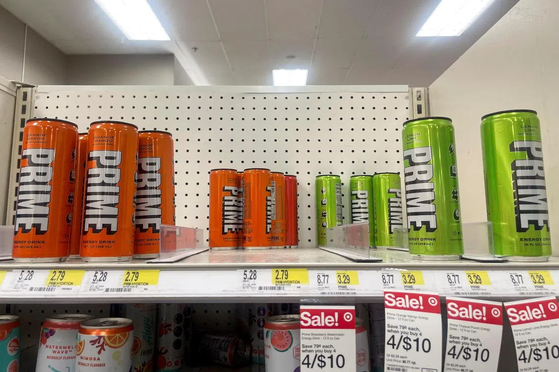 Prime energy drink cans sit on a shelf at Target in Brooklyn, New York, U.S., August 18, 2023. REUTERS/Kailyn Rhone
