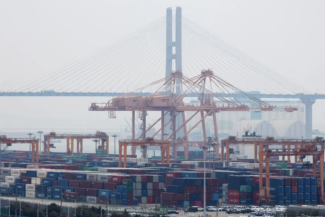 Cranes and shipping containers are seen at Pyeongtaek port in Pyeongtaek, South Korea, April 2, 2025.   REUTERS/Kim Hong-Ji/File Photo
