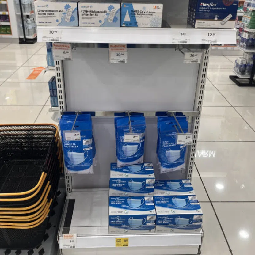 In stores, Guardian customers are limited to two boxes of surgical masks, and five pieces of N95 masks per person each day.