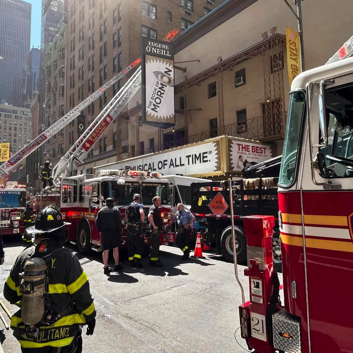 Firefighters outside of the Eugene O’Neill Theater, home to The Book Of Mormon, in New York on May 4.