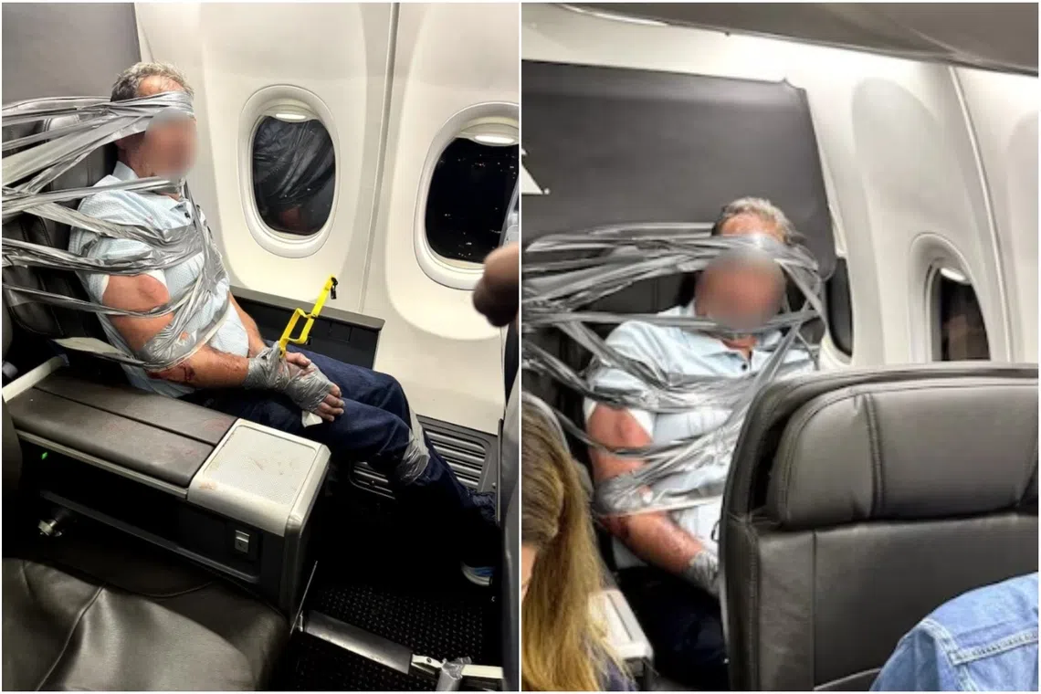 The disruptive man was restrained with zip ties and duct tape until the authorities could take him into custody.