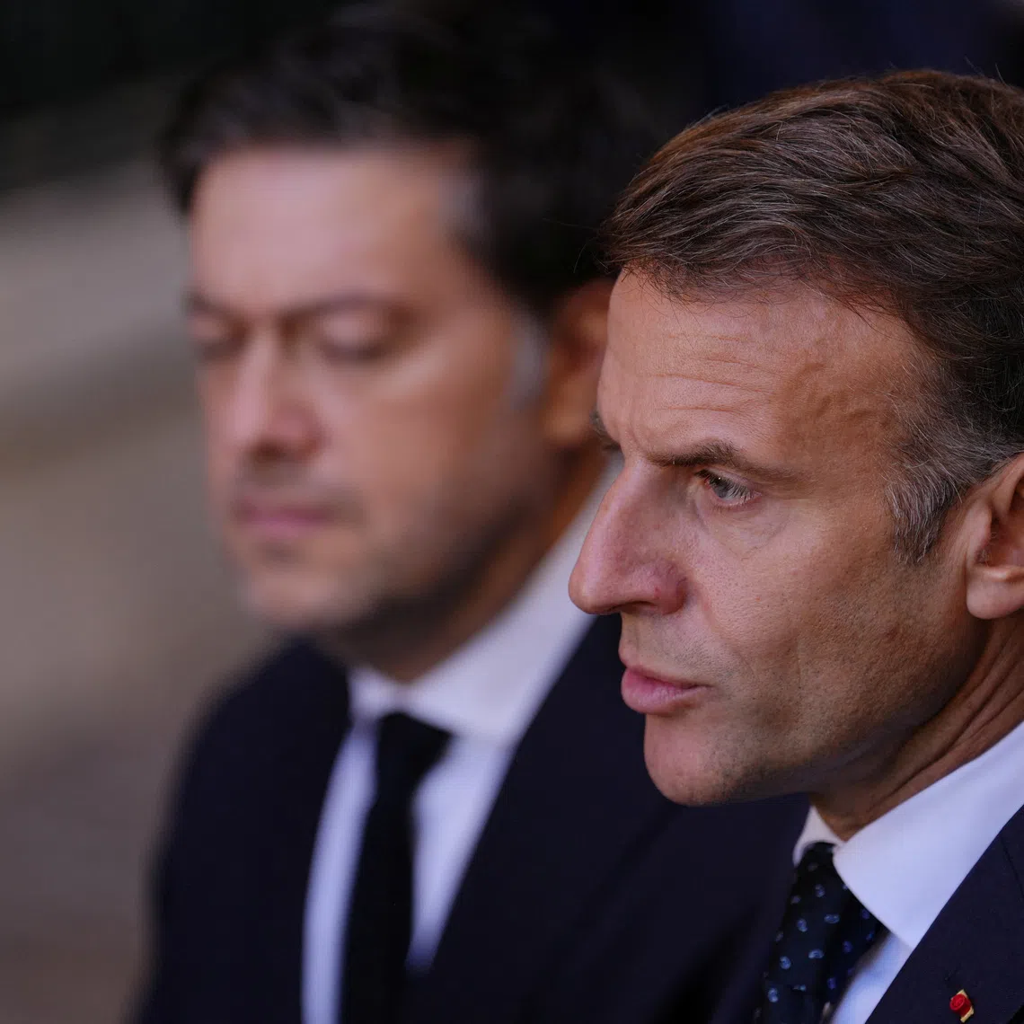 French President Emmanuel Macron and Marseille Mayor Benoit Payan address the media in Marseille, France, October 26, 2026. Aurelien Morissard/Pool via REUTERS