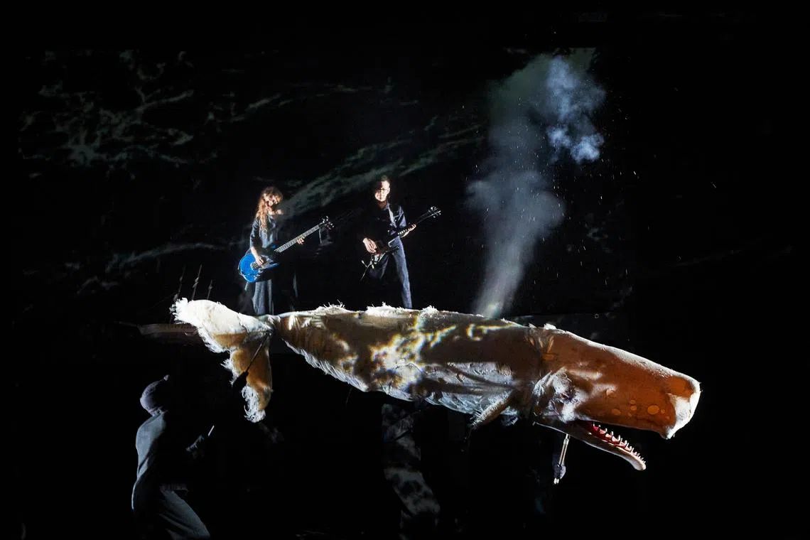 Moby Dick features a life-sized whale puppet on stage, accompanied by live musicians and video projections.