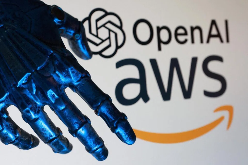 Robotic Hand over the background of OpenAI and AWS logos