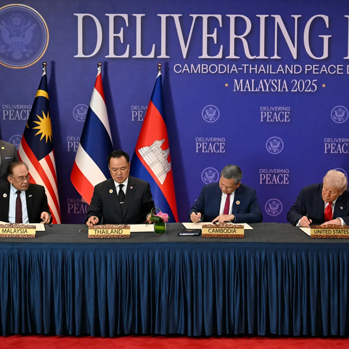 (From left) Malaysia’s Prime Minister Anwar Ibrahim, Cambodia’s Prime Minister Hun Manet, Thailand’s Prime Minister Anutin Charnvirakul and US President Donald Trump during the ceremonial signing of a ceasefire agreement on Oct 26.