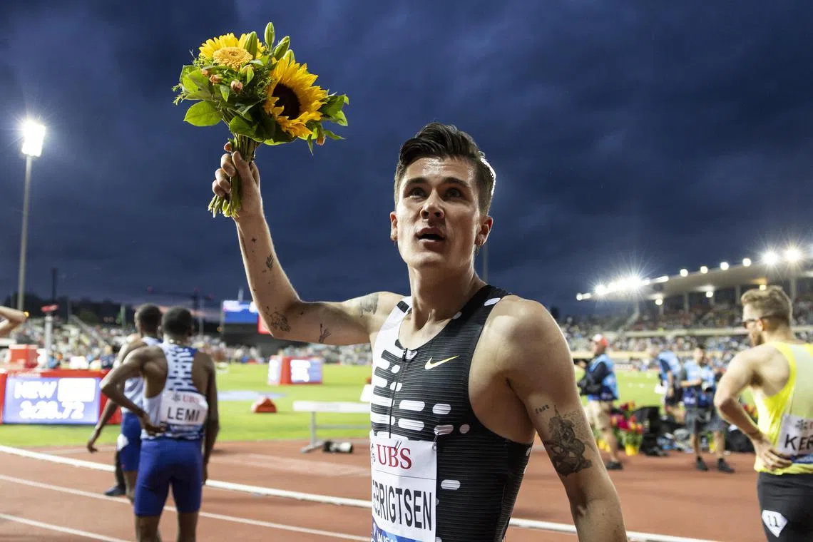 Jakob Ingebrigtsen of Norway reacts after winning the 1,500m at the Diamond League meet in Lausanne.