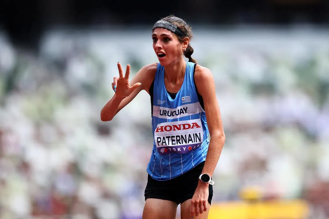 A bewildered and brilliant Julia Paternain of Uruguay trying to confirm she actually finished in third place in the Women's Marathon at the World Athletics Championships. 