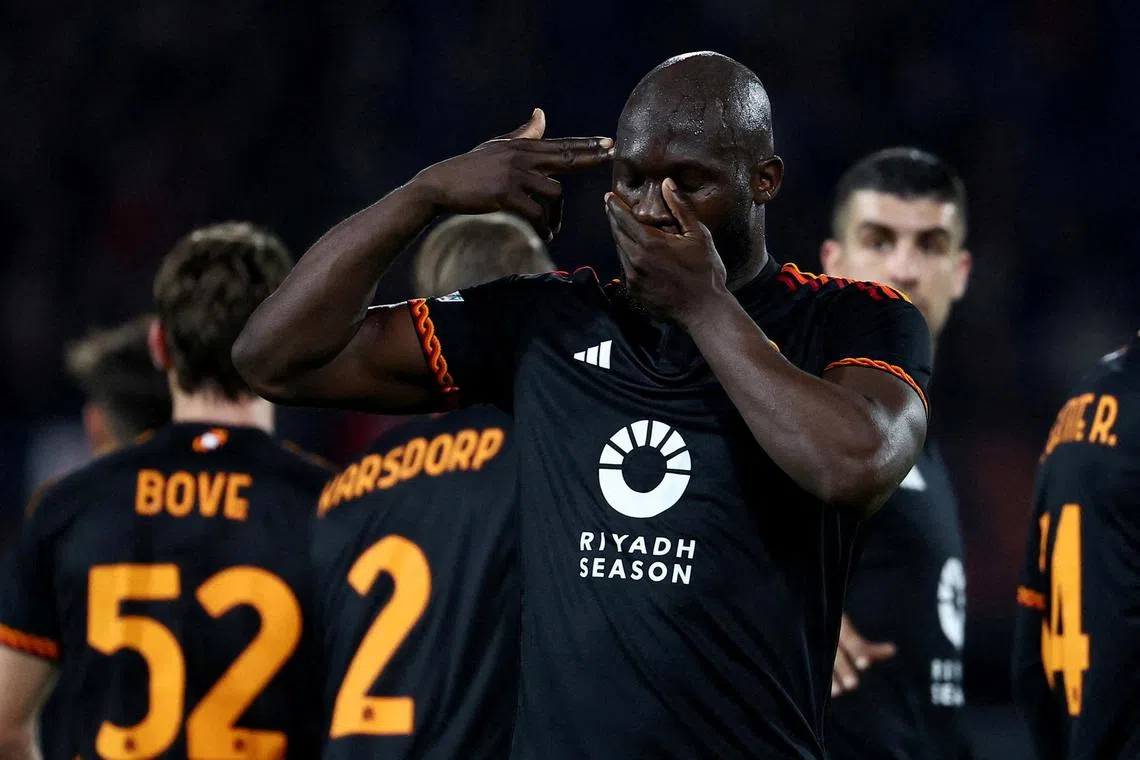 AS Roma's Romelu Lukaku celebrating after scoring the equaliser in the 1-1 draw away to Feyenoord in the first leg of their Europa League play-off on Feb 15.