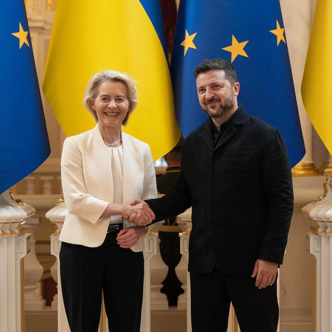 Ukrainian President Volodymyr Zelensky (right) shaking hands with European Commission president Ursula von der Leyen during their meeting in Kyiv on July 15.