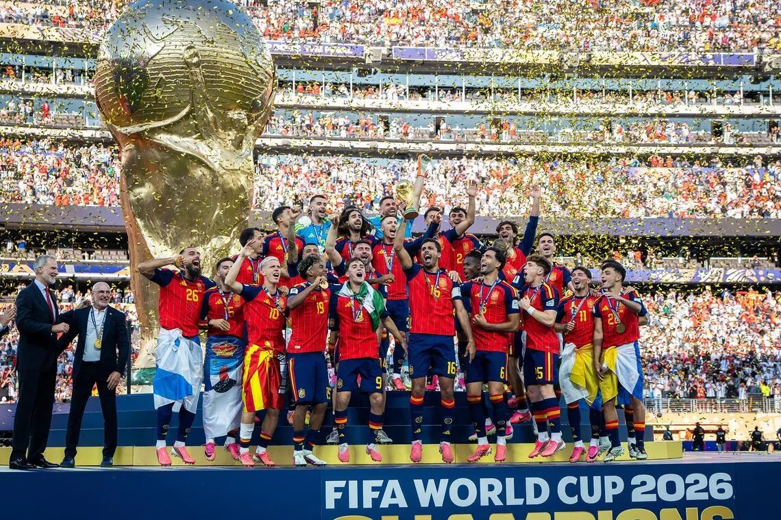 Spain celebrating their 1-0 extra-time victory over Argentina in the World Cup final in New Jersey on July 19.