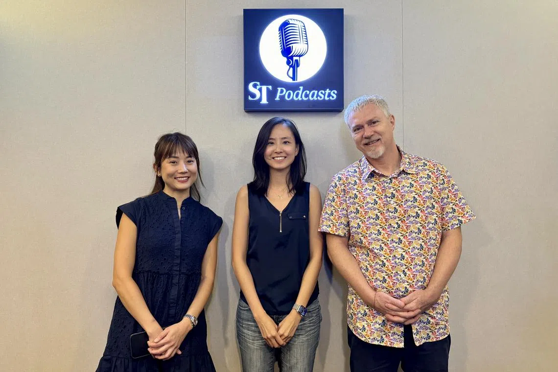 (From left) Assistant news editor, Audrey Tan, investment director at GenZero, Ms Hoon Ling Min & climate change editor, David Fogarty in the podcast studio. 