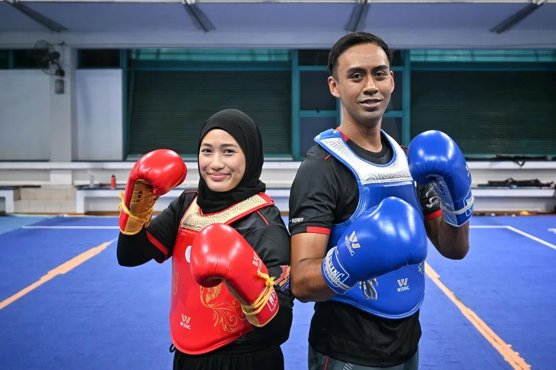 Silat athletes Siti Khadijah (left) and Adib Farhan Ramli will be representing Singapore in wushu at the SEA Games in Thailand in December.