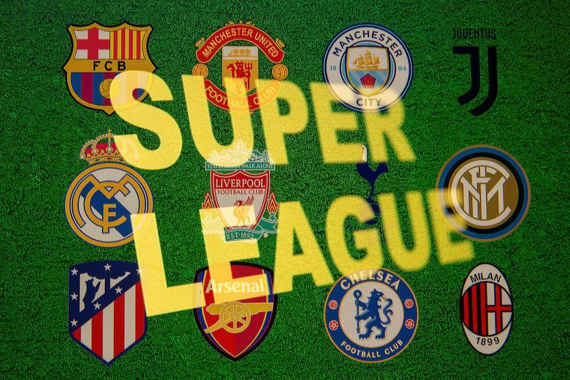 FILE PHOTO: Super League words are seen in front of twelve of Europe's top football clubs logos in this illustration taken April 19, 2021. REUTERS/Dado Ruvic/Illustration/File Photo