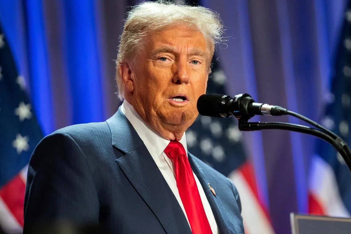 FILE PHOTO: US President-elect Donald Trump speaks during a meeting with House Republicans at the Hyatt Regency hotel in Washington, DC, U.S. on November 13, 2024. ALLISON ROBBERT/Pool via REUTERS/File Photo