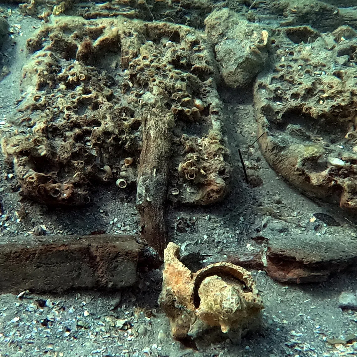 An undated image of the burned hull of an 18th century shipwreck from the golden age of piracy, off of Nassau, the Bahamas.
