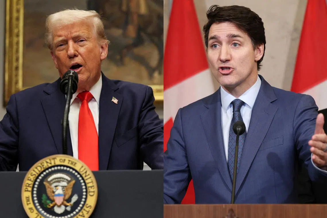 US President Donald Trump (left) accused  Canadian Prime Minister Justin Trudeau of trying to stay in power, in a social media post after their phone call on tariffs.