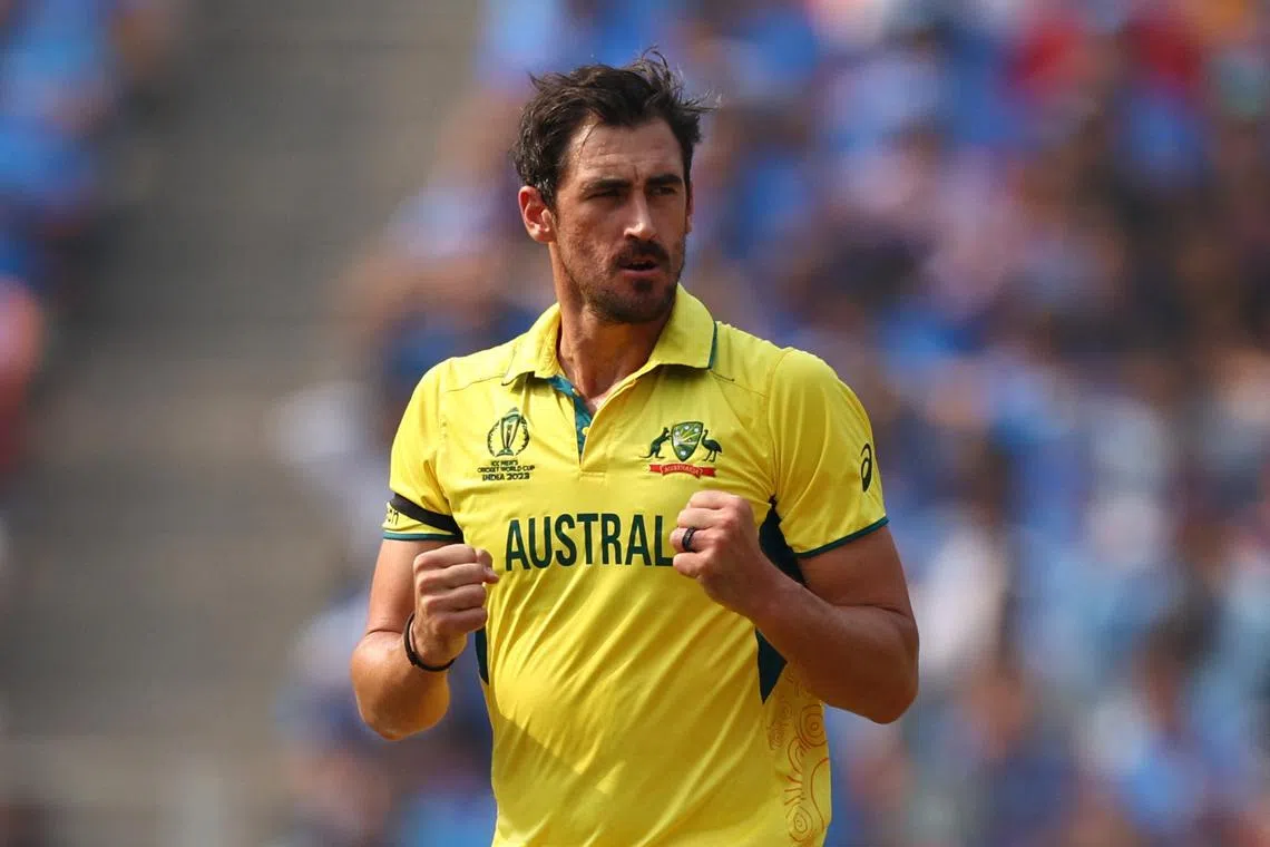FILE PHOTO: Cricket - ICC Cricket World Cup 2023 - Final - India v Australia - Narendra Modi Stadium, Ahmedabad, India - November 19, 2023 Australia's Mitchell Starc celebrates after taking the wicket of India's Shubman Gill, caught out by Adam Zampa REUTERS/Andrew Boyers/File Photo