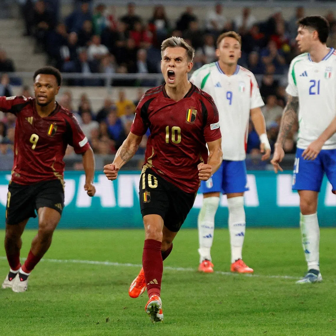 FILE PHOTO: Soccer Football - UEFA Nations League - Group A2 - Italy v Belgium - Stadio Olimpico, Rome, Italy - October 10, 2024 Belgium's Leandro Trossard celebrates scoring their second goal REUTERS/Ciro De Luca/File Photo