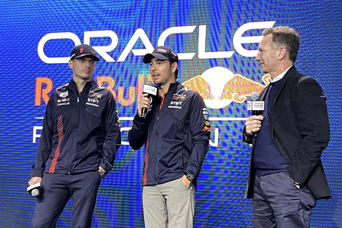 Red Bull drivers Max Verstappen, Sergio Perez and team principal Christian Horner attend the unveil of the RB19 car in a partnership with Ford during a launch event in New York City on Feb 3, 2023.