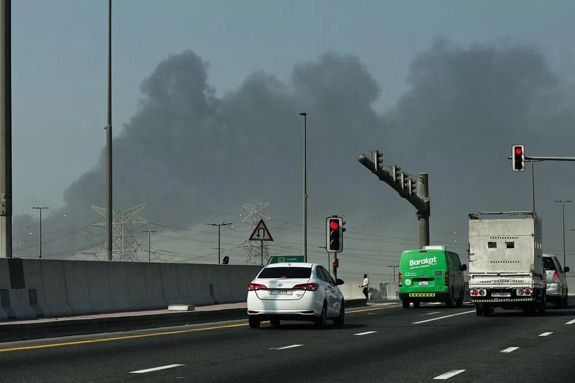 Smoke rising from the site of a reported Iranian strike in Dubai on March 1.