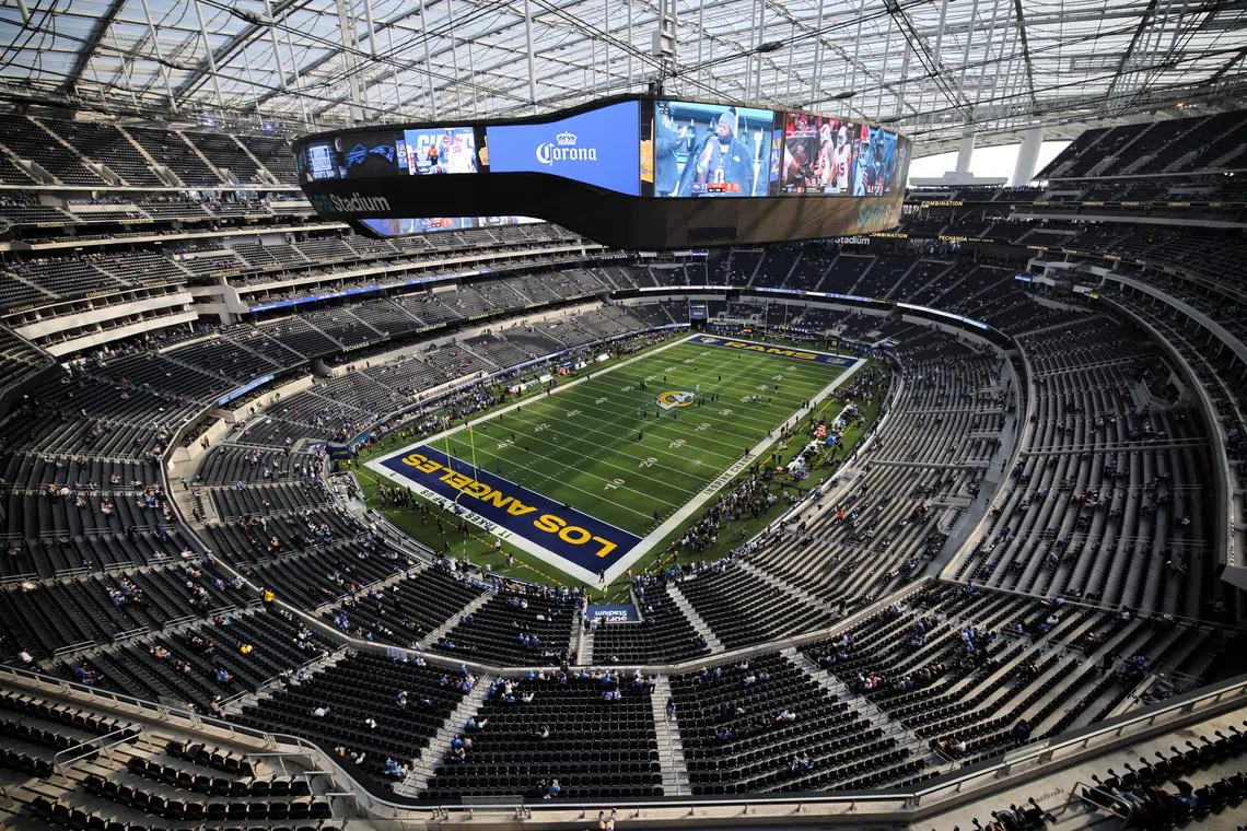 FILE PHOTO: A view of the field at SoFi Stadium before a Los Angeles Rams game in Inglewood, California, U.S. December 14, 2025. REUTERS/Daniel Cole/File Photo