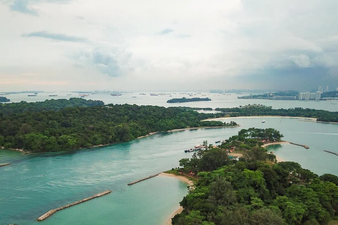 An aerial view of Lazarus South (top left) and Kusu Reef (bottom extreme right). 