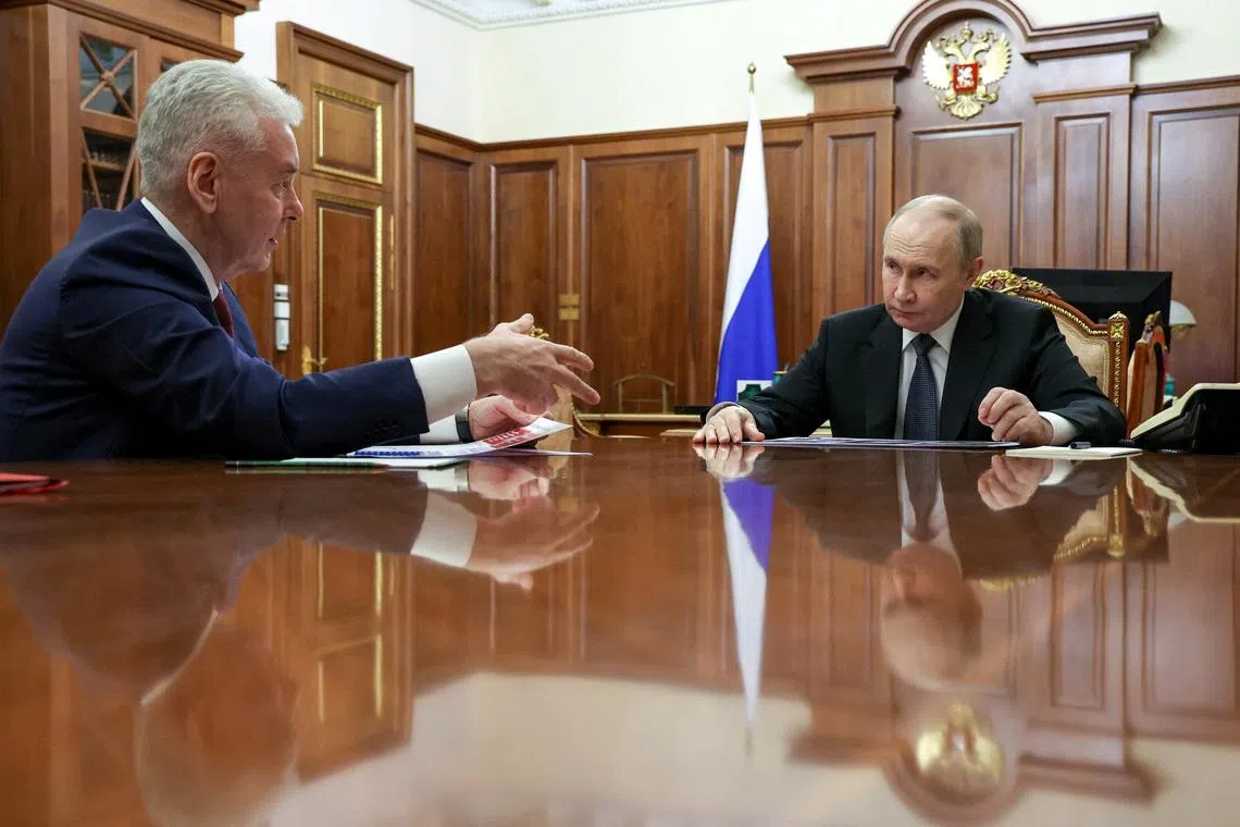 Russian President Vladimir Putin meets with Moscow Mayor Sergei Sobyanin at the Kremlin in Moscow, Russia May 5, 2025. Sputnik/Vyacheslav Prokofyev/Pool via REUTERS