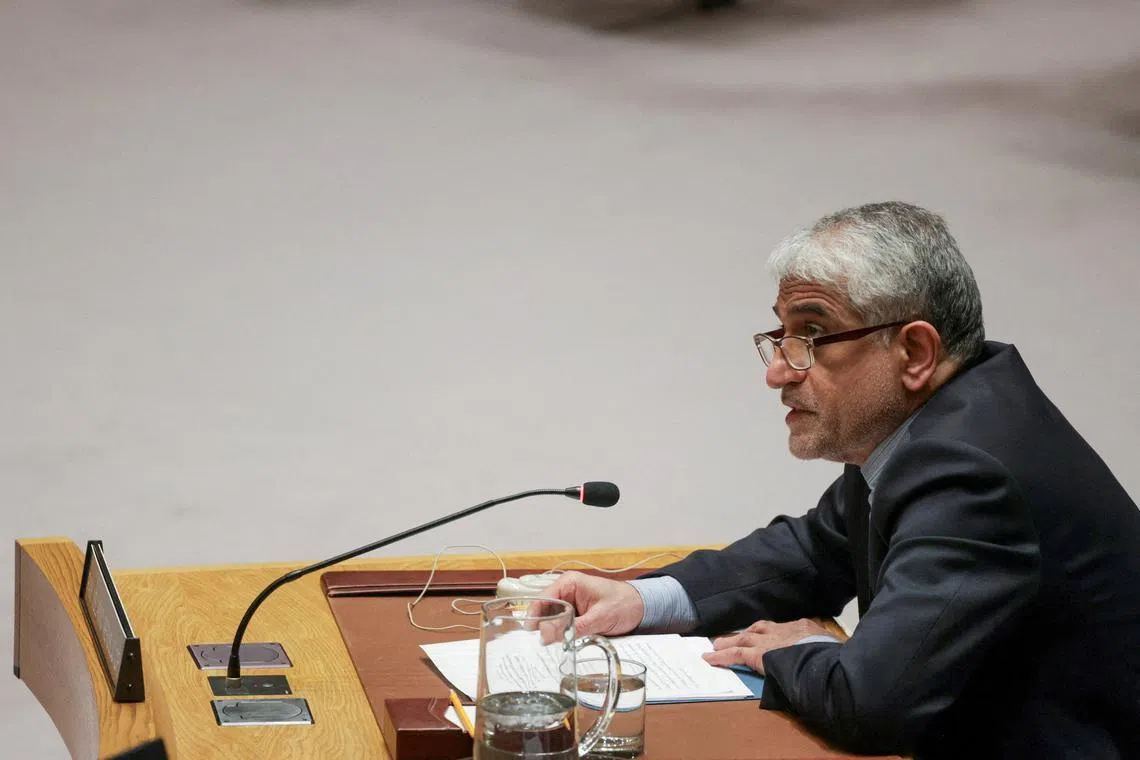 FILE PHOTO: Permanent Representative of Iran to the United Nations, Amir Saeid Iravani, speaks during a meeting of the Council on Syria at U.N. headquarters in New York City, U.S., December 3, 2024. REUTERS/Kent Edwards/File Photo