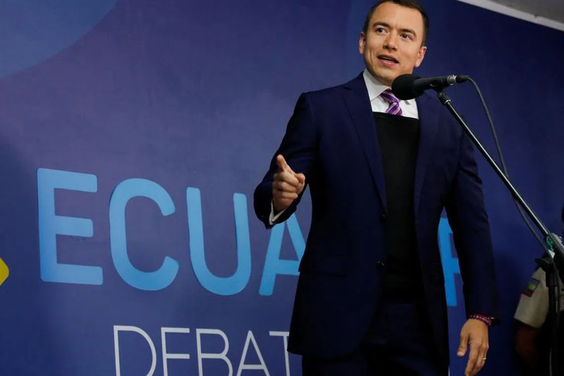 Ecuadorean presidential candidate Daniel Noboa, wearing a bulletproof vest, attends a televised debate ahead of an October run-off, in Quito, Ecuador October 1, 2023. REUTERS/Karen Toro