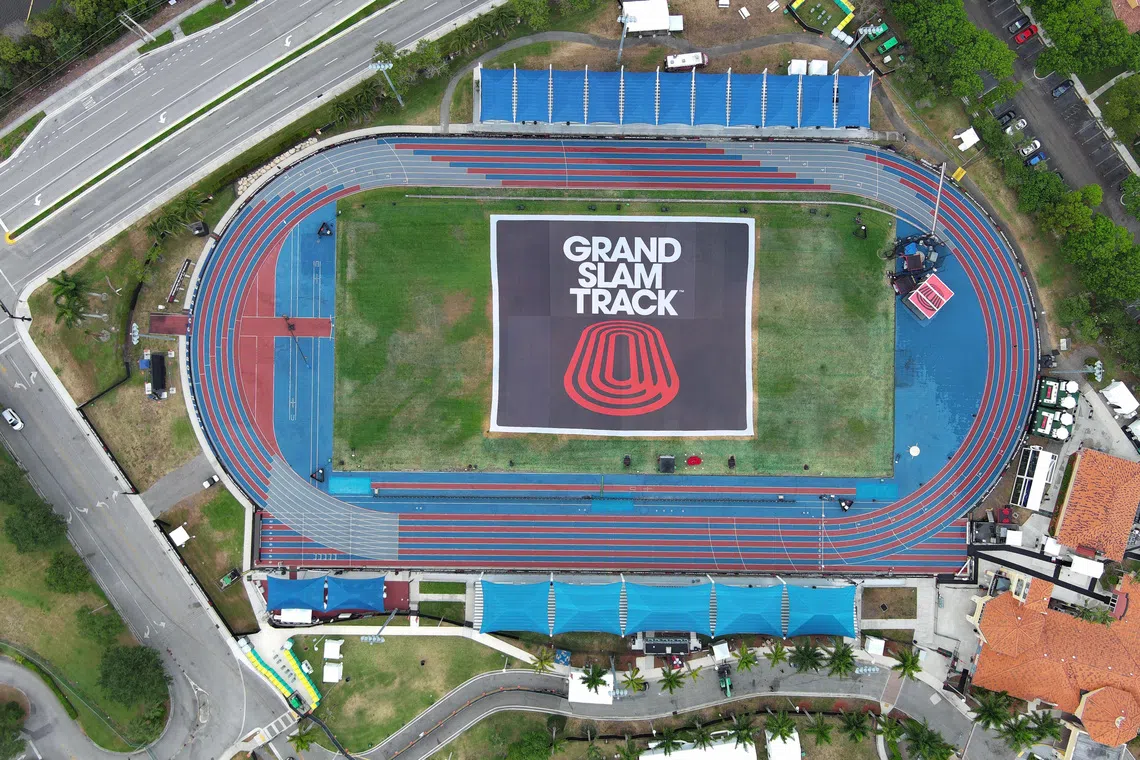 May 3, 2025; Miramar, FL, USA; A general overall aerial view of the Ansin Sports Complex, the site of the Grand Slam Track Miami. Mandatory Credit: Kirby Lee-Imagn Images