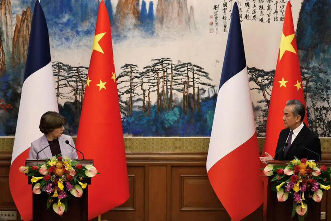 French Foreign Minister Catherine Colonna and Chinese Foreign Minister Wang Yi attend a press conference at the Diaoyutai State Guesthouse in Beijing, China November 24, 2023. REUTERS/Tingshu Wang