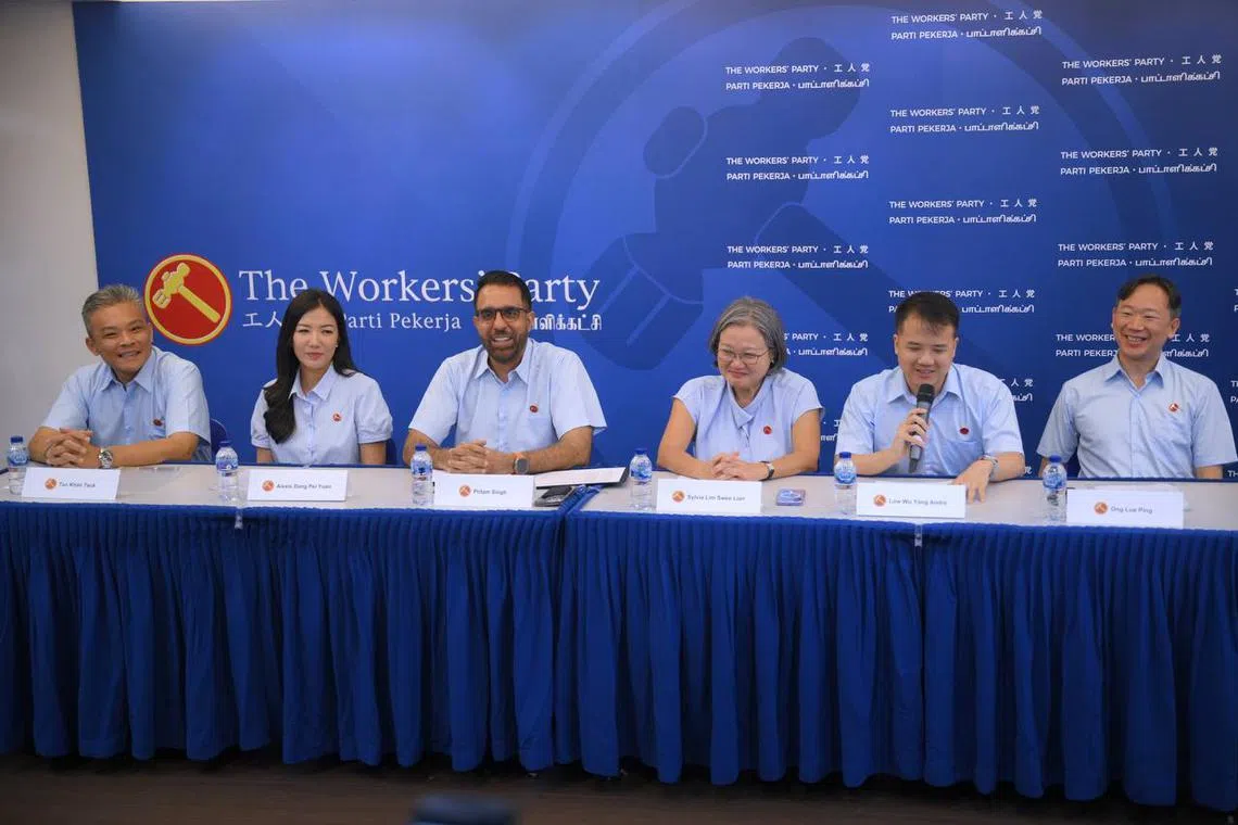 WP chief Pritam Singh and chairman Sylvia Lim with new candidates (from left) Jimmy Tan, Alexis Dang, Andre Low, Ong Lue Ping during the press conference at the party's Geylang headquarters on April 18. 