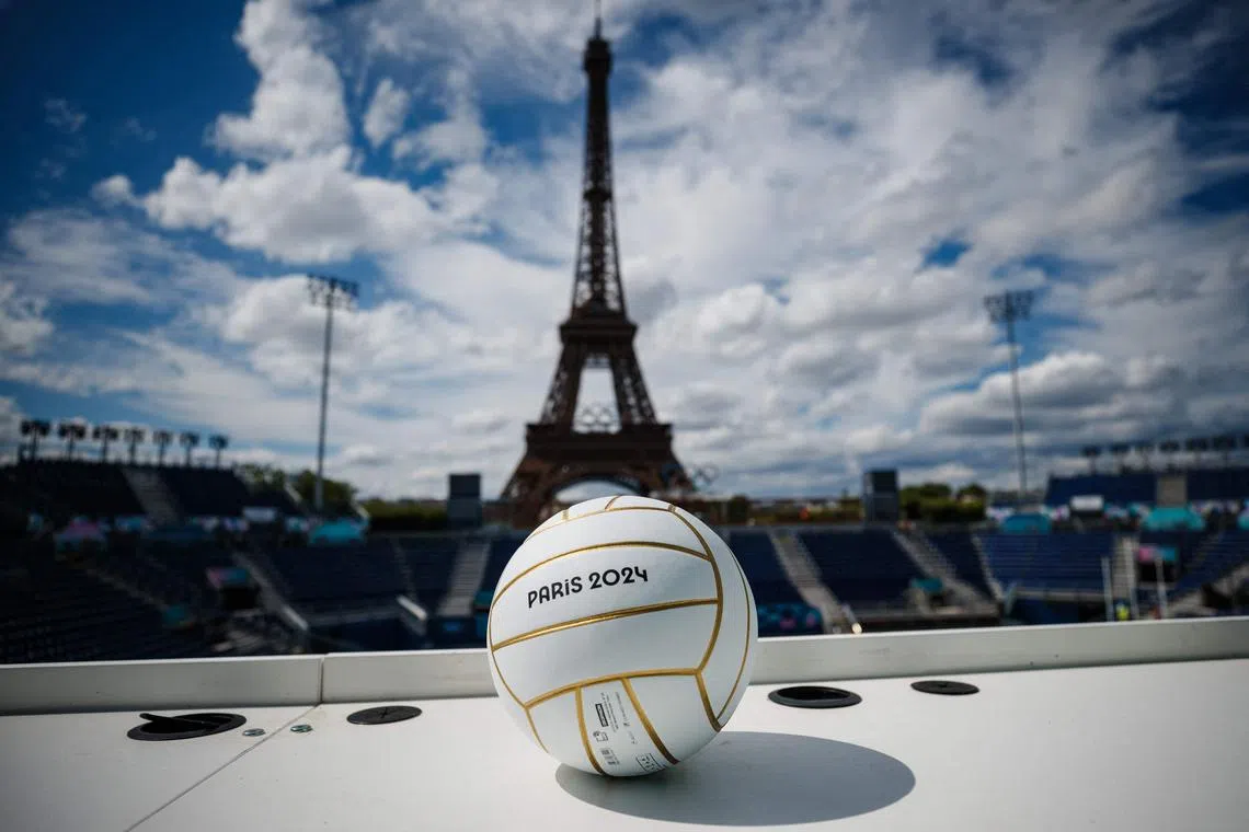This photograph shows a volley ball at the construction site of the Eiffel Tower Stadium for the Paris 2024 Olympics and Paralympic Games which will host the beach volleyball and men's blind football competitions.