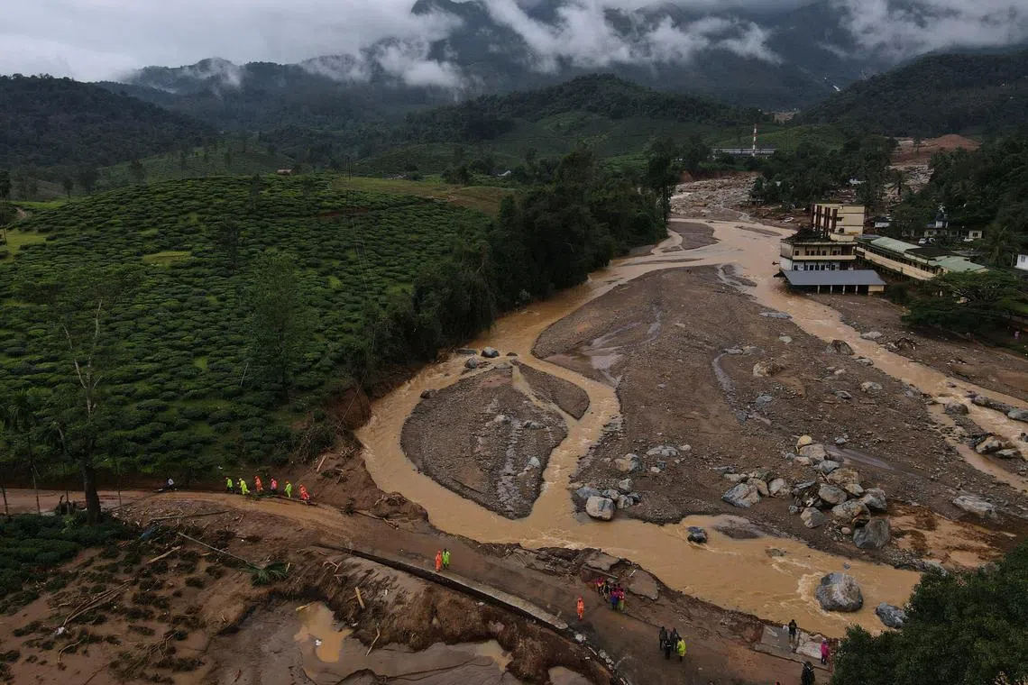 A drone view shows a landslide site after multiple landslides in the hills in Wayanad district, in the southern state of Kerala, India, July 31, 2024. REUTERS/Francis Mascarenhas