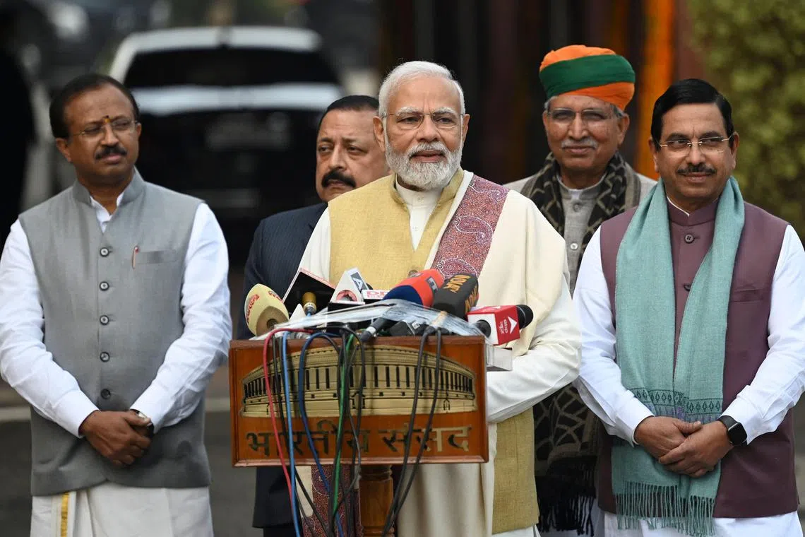 Mr Narendra Modi (centre) speaking to media at the opening of the budget session of Parliament in New Delhi on Jan 31, 2023.